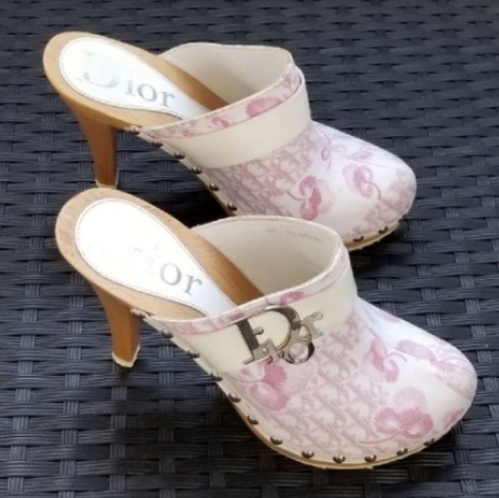 Dior Pink Floral Canvas Studded Wood-Heel Clogs - Picture 4 of 9